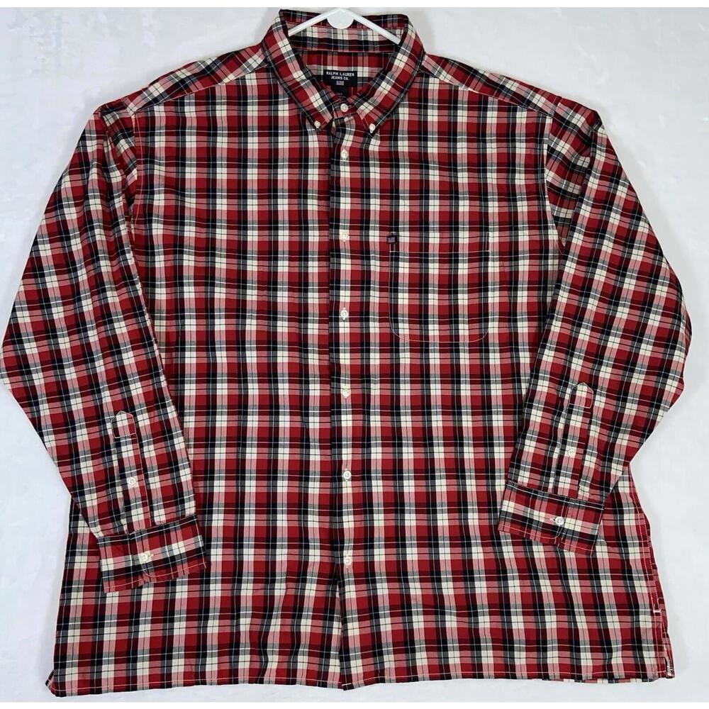 Ralph Lauren Jeans Co Mens Shirt Button Down Red Plaid Check Size 2XT Tall - Picture 2 of 7